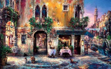 venedig Ölbilder verkaufen - Abend im Venedig Café Stadtbild moderne Stadtszenen
